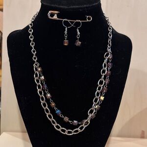 Two Strand Silver Toned and Iridescent Glass Beaded Necklace and Earring Set